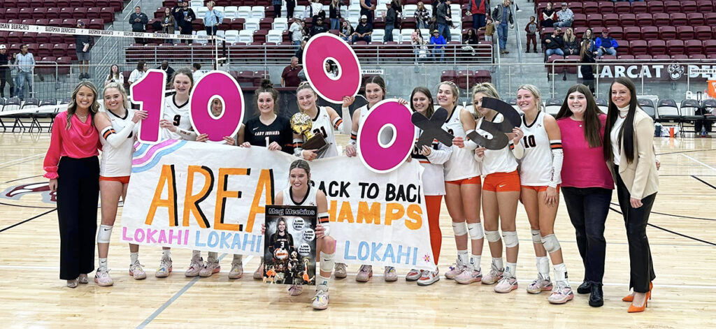 The Nocona Lady Indians not only celebrated the playoff win, but also Meg Meekins setting career milestones. (Photo by Sommer Smith)